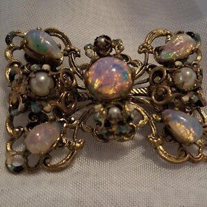 Vintage Czech Cabachon Fire Opal Gold Filigree Pin